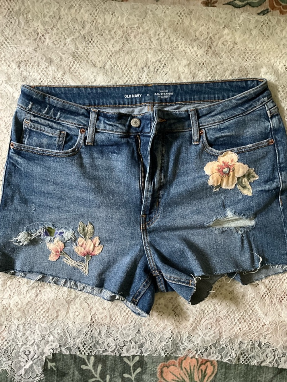 Straight Upcycled Floral Distressed Denim Shorts Size 14